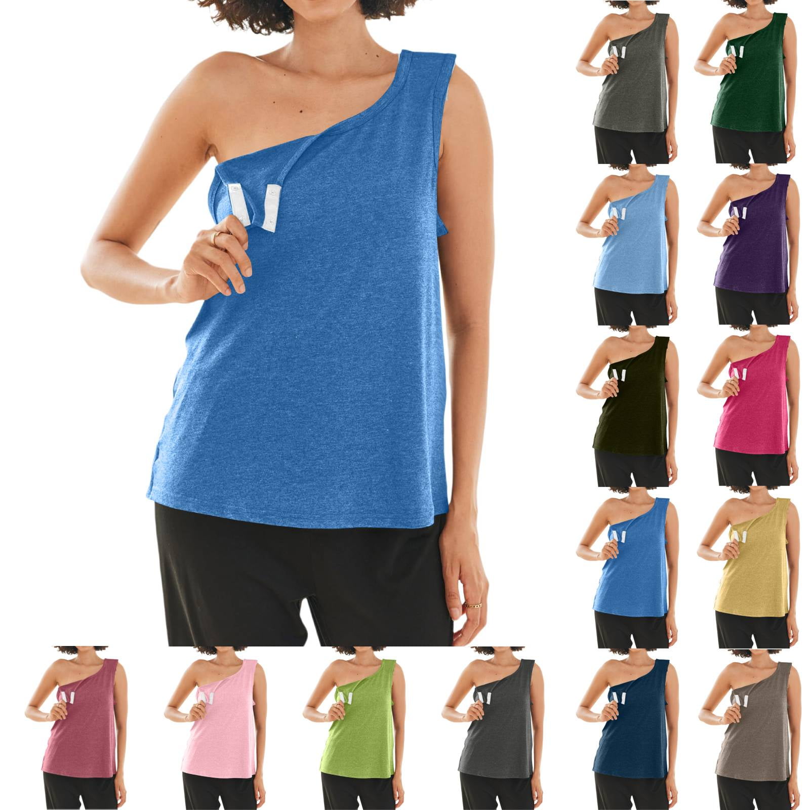 Post Shoulder Surgery Shirts for Women Tear Away Snap Button Rotator Cuff Shirt Mastectomy Chemo Port Access Tank Tops Blue M