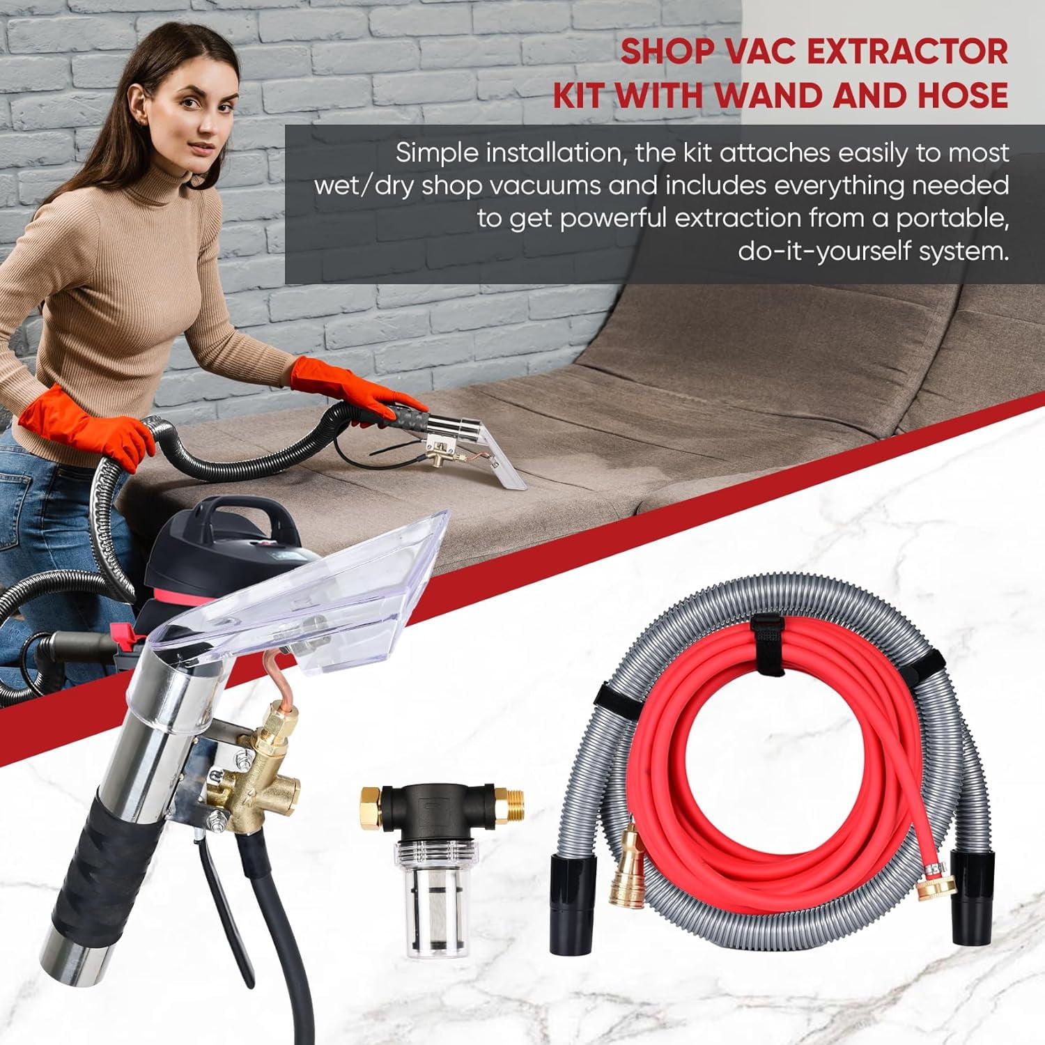 Shop Vac Carpet Cleaner Hose Kit with 25 ft Water Line, 10 ft Vacuum Hose & Adapter, Universal Vacuum Attachment for Carpet Cleaning