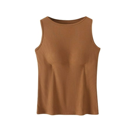 Deals Self Bra Sleeveless Shirts for Women Scooped Neck Tank Tops Plain Basic Camisole Loungewear Invisible Wireless Bras Padded Push Up Sports Underwear Build In Bra