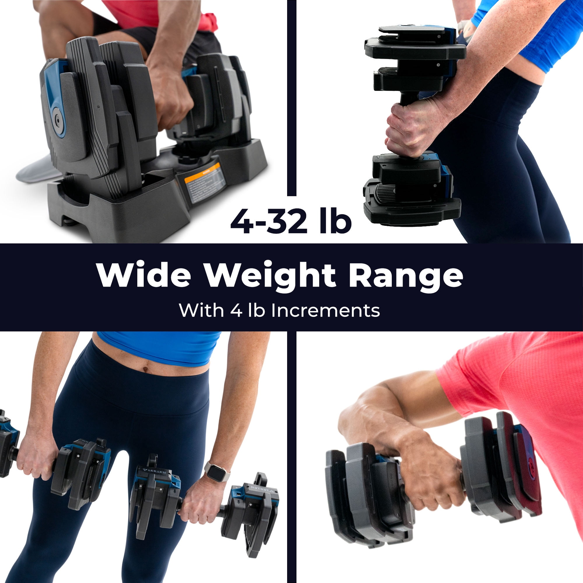 Teeter ProFlex 432 Adjustable Dumbbell Weight Set, 8 in 1 Free Weights 4 to 32lb, Quick-Set Grip Handles, Home Gym Space Saver