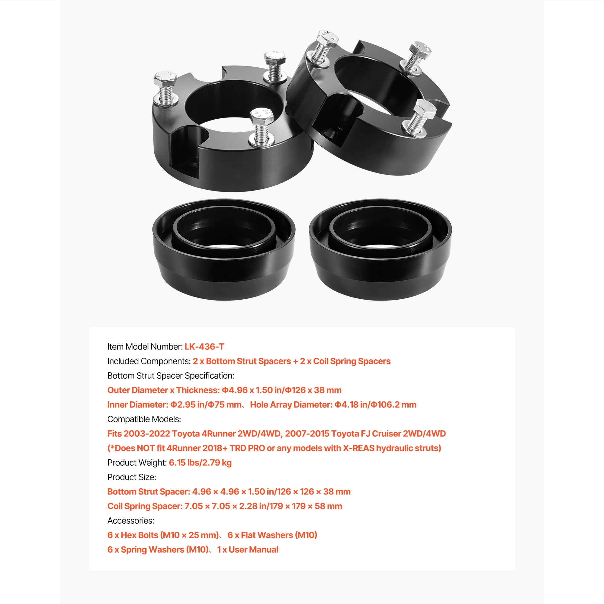 KFFKFF 3-Inch Front and 2-Inch Rear Suspension Leveling Kit for 2003-2022 Toyota 4Runner 2WD/4WD and 2007-2015 Toyota FJ Cruiser 2WD/4WD, Includes Strut and Coil Spring Spacers for Enhanced Chassis
