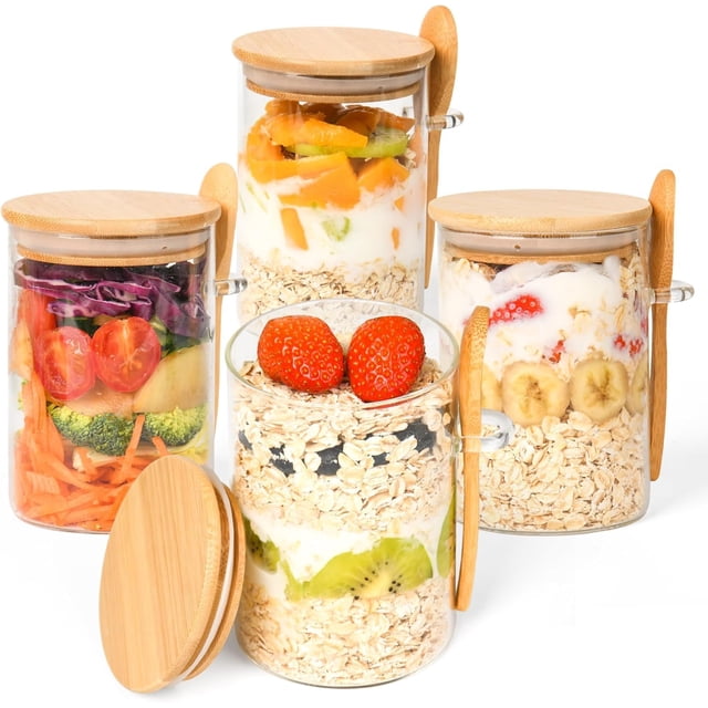 U Chef Juego de 4 Frascos para Avena, Tarros de Vidrio con Tapa de Bambú de 18 oz con Tapa Hermética y Cuchara, Recipientes para Desayuno, Ensalada, Cereales o Avena overnight