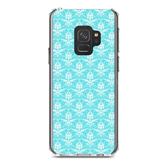 DistinctInk Clear Shockproof Hybrid Case for Samsung Galaxy S9 (5.8" Screen) - TPU Bumper, Acrylic Back, Tempered Glass Screen Protector - Baby Blue White Damask Pattern - Floral Damask Pattern