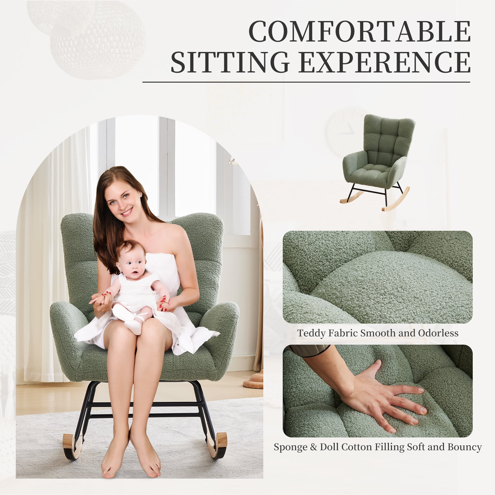 Garvee Modern Plush Rocking Chair, Teddy Upholstered Glider Accent Armchair with High Backrest for Nursery, Bedroom & Living Room, Green