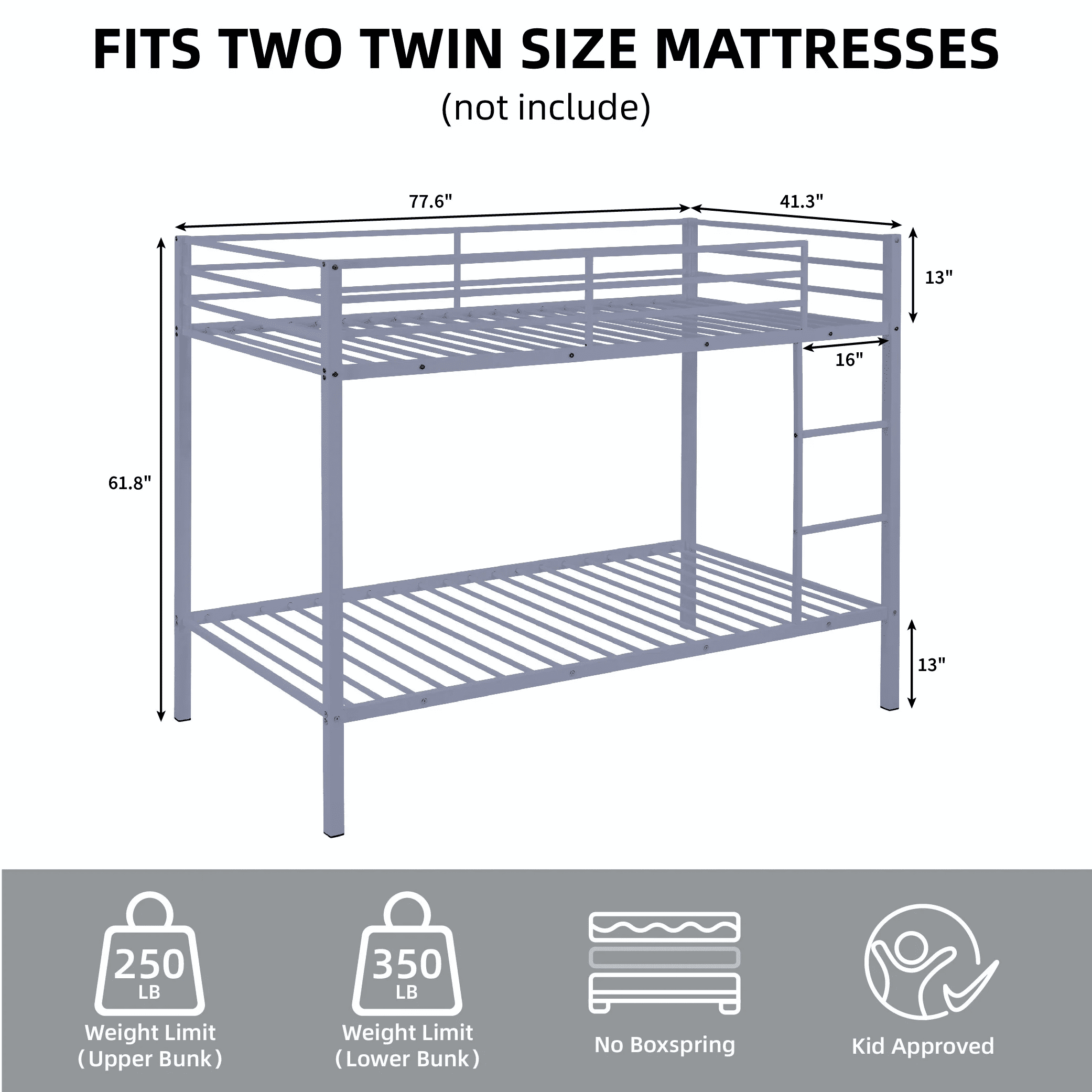 MAYEERTY Twin Size Metal Bunk Bed, Low Profile Bed Frame with Built-in Ladder, High Guardrail, Space-Saving for Kids, No Box Spring Required, Gray