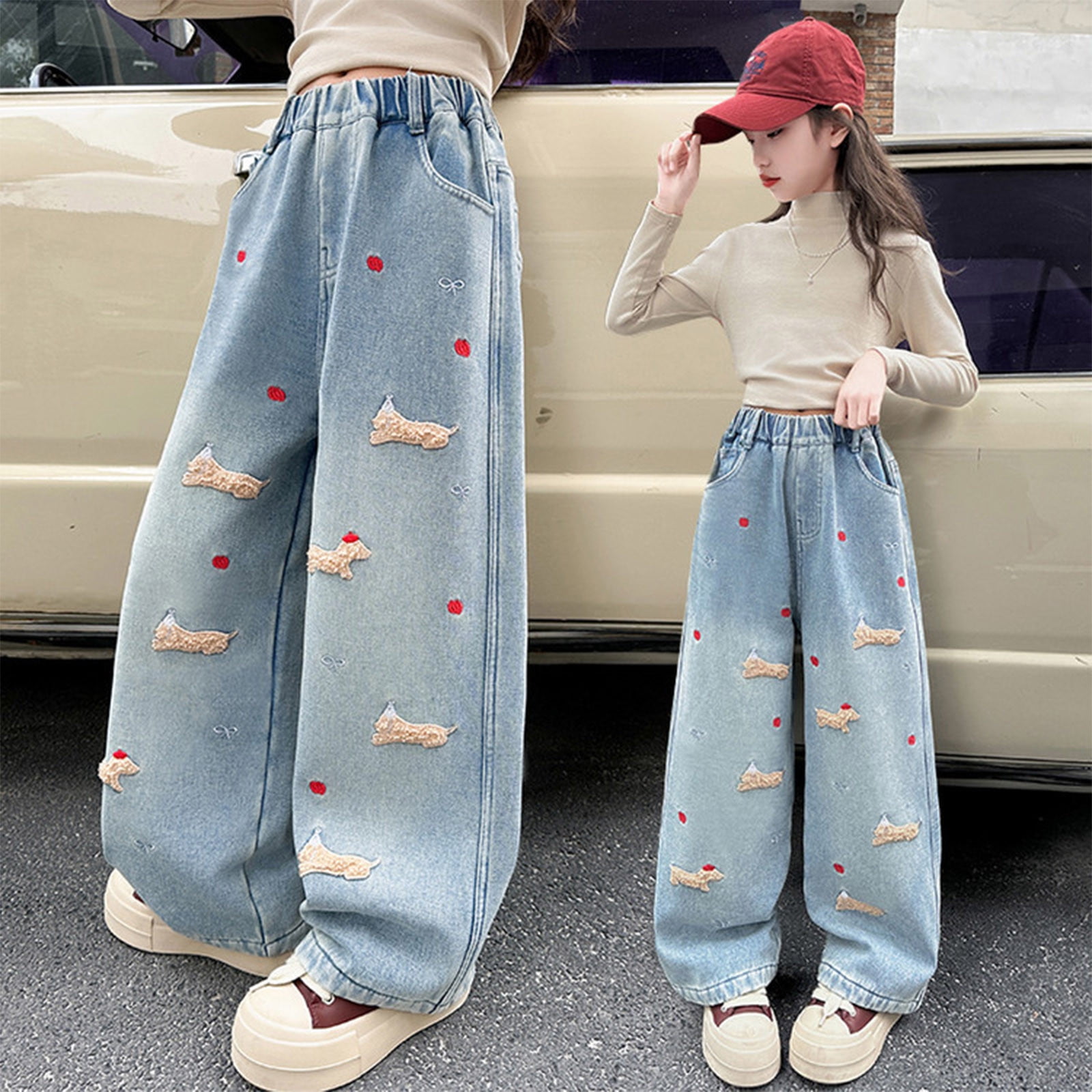 UQJfacai Girls Baggy Jeans Y2K Love Heart Printed Wide Leg