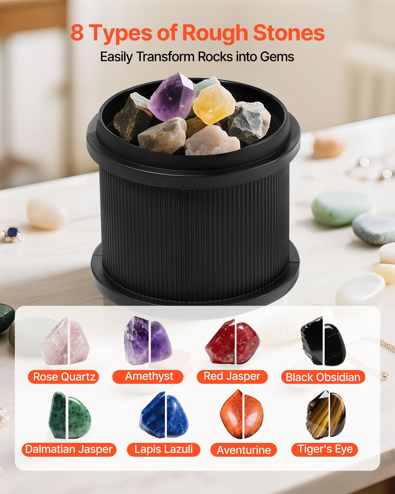 VEVOR Rock Tumbler, 1 lb Rock Polishing Machine, Rocks Tumbling Kit with 4-Speed Adjustment, 1–9 Day Timer, Direct Drive Motor Rocks Polishing Kit for Rose Quartz, Amethyst, Quiet Operation