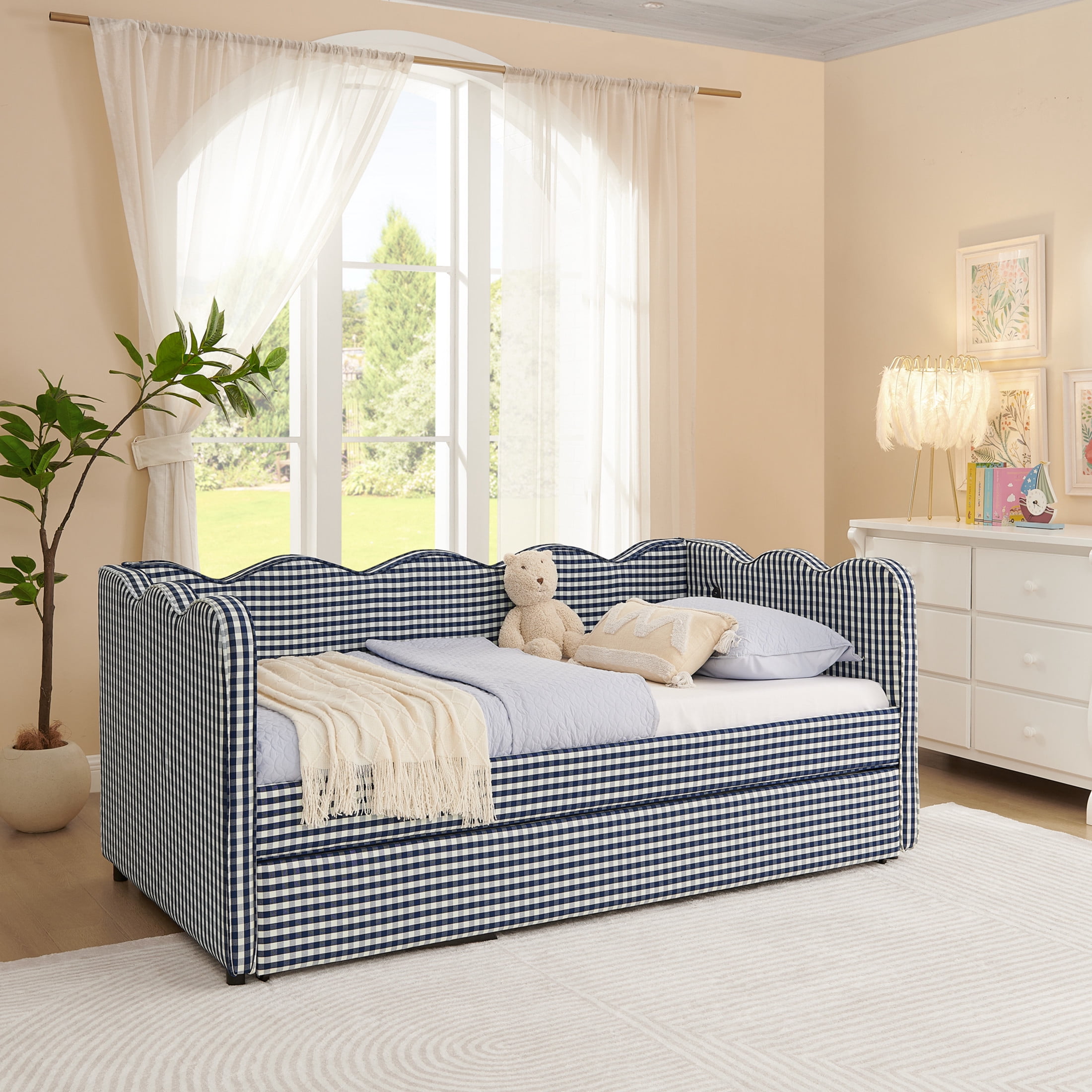 Noble House Wesley Twin Size Waved Daybed, Cozy Gingham Linen Sofa Bed with Twin Trundle and Charging Port, Navy Blue