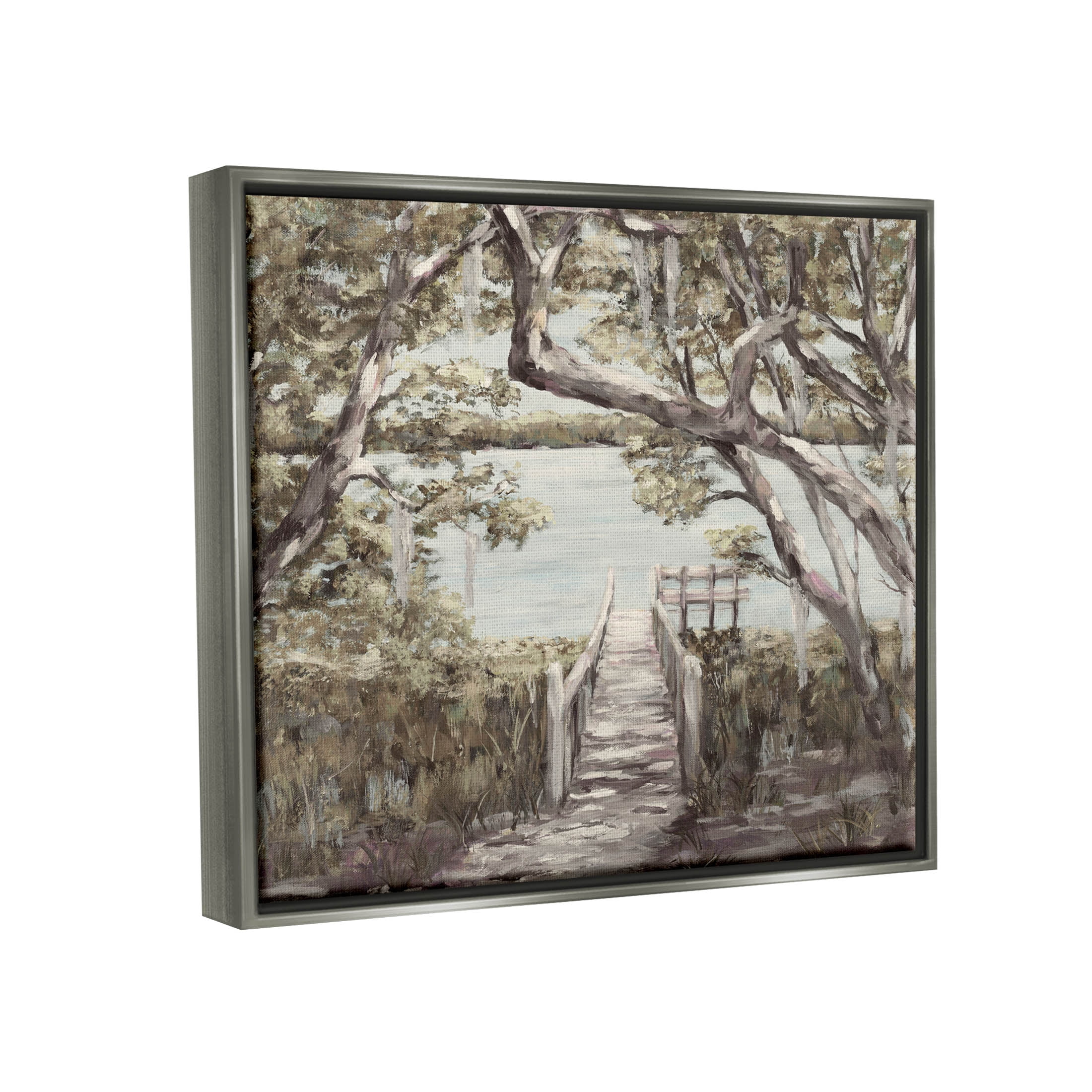 Nature Waterfront Path Bridge Landscape Painting Luster Gray Framed Art Print Wall Art