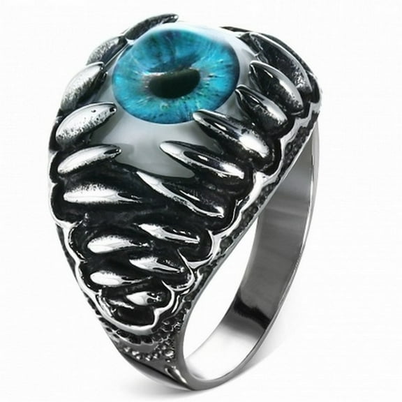 Stainless Steel Silver-Tone Blue Evil Eye Jaw Ring Band - Size 12