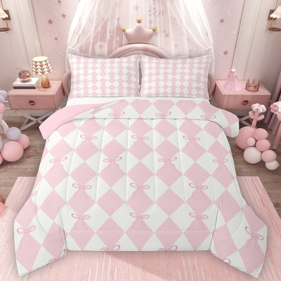 Homewish Geometric Rhombus Textured Bedding Comforter Set,Cute Cartoon Bowknot Twin Comforter Sets,White Pink Bedding Set For Adult,Microfiber Bedroom Decor Reversible,2pcs