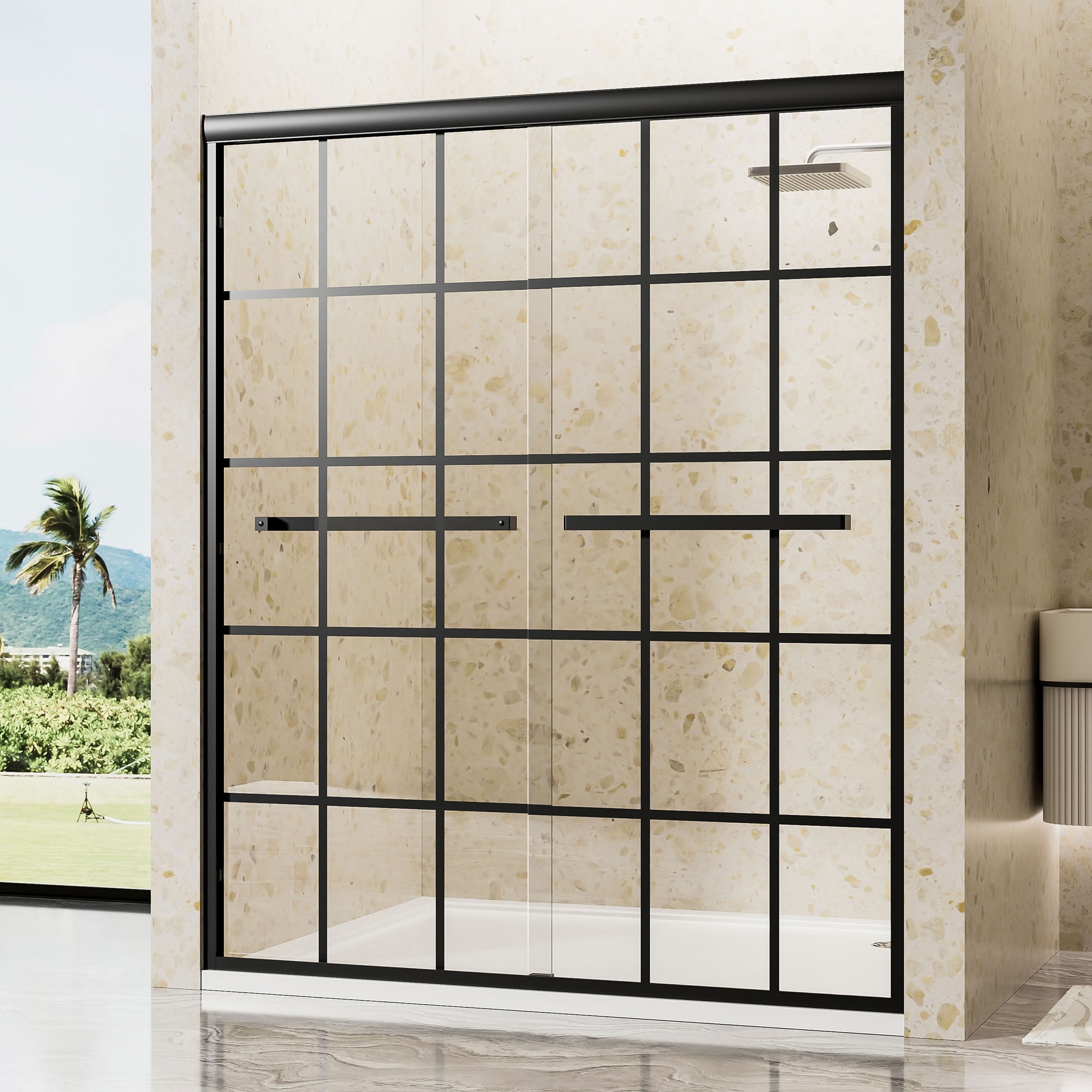 MAYEERTY Double Sliding Shower Door, Matte Black Grid Frame, 1/4" Tempered Glass with Nano Self-Cleaning Coating, Waterproof & Reversible Installation
