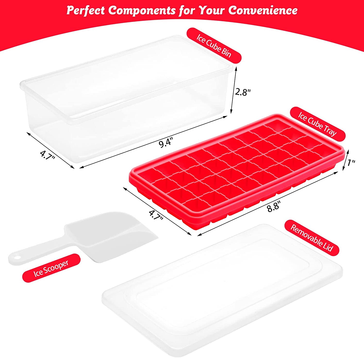 Silicone Ice Cube Tray with Leak-Proof Lid & Storage Bin for Freezer – BPA-Free 36-Piece Nugget Ice Molds, Spill-Resistant Cover & Ice Scoop Container Cover Red