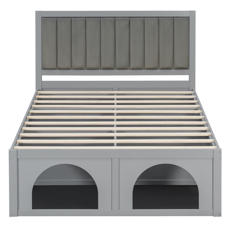 Queen Size Pet-Friendly Platform Bed with Under-Bed Pet Nooks, Heavy Duty Wooden Storage Bed Frame with Padded Headboard