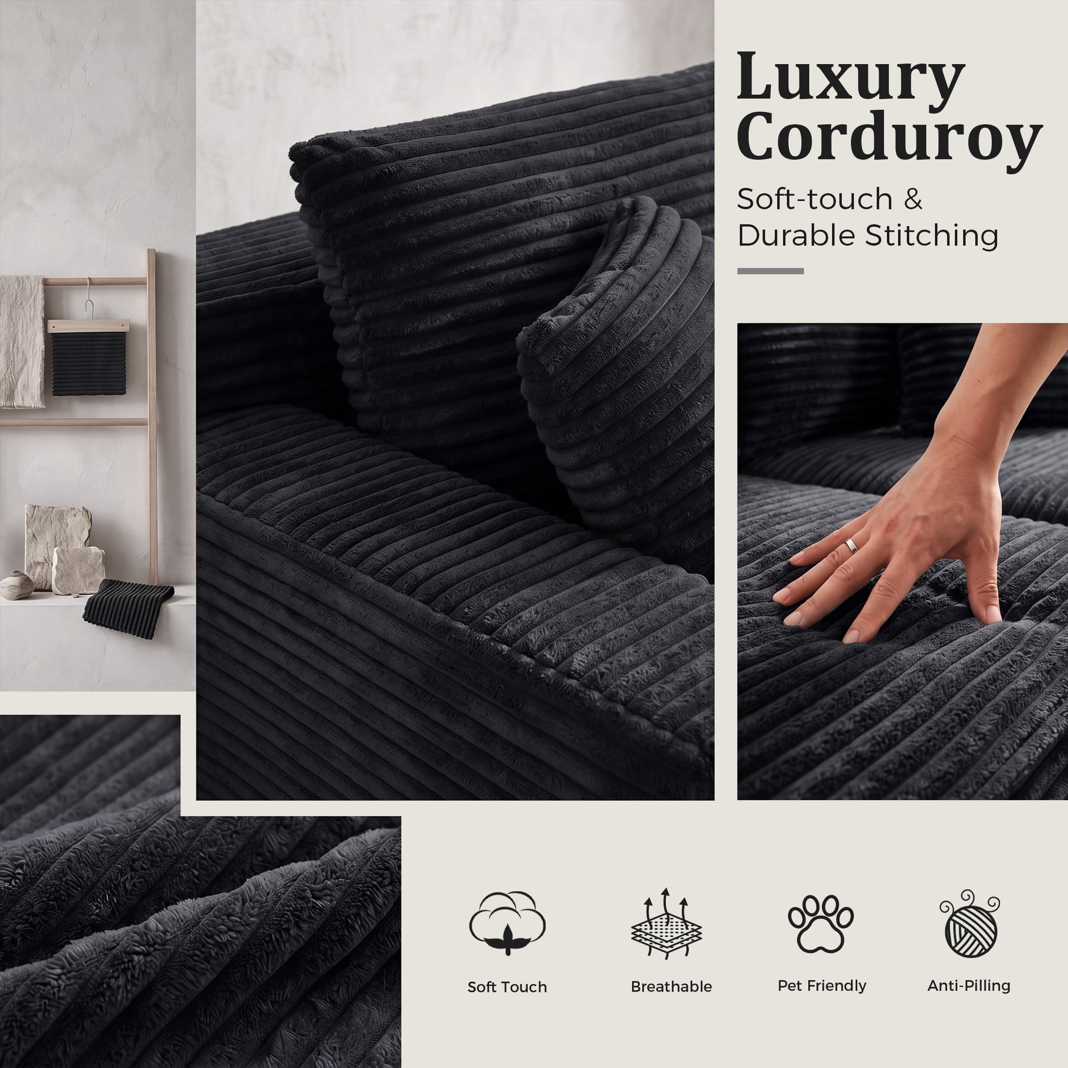 Aenkyo 95 Inch Corduroy L-Shaped Modular Sectional Sofa, Right Chaise, Black