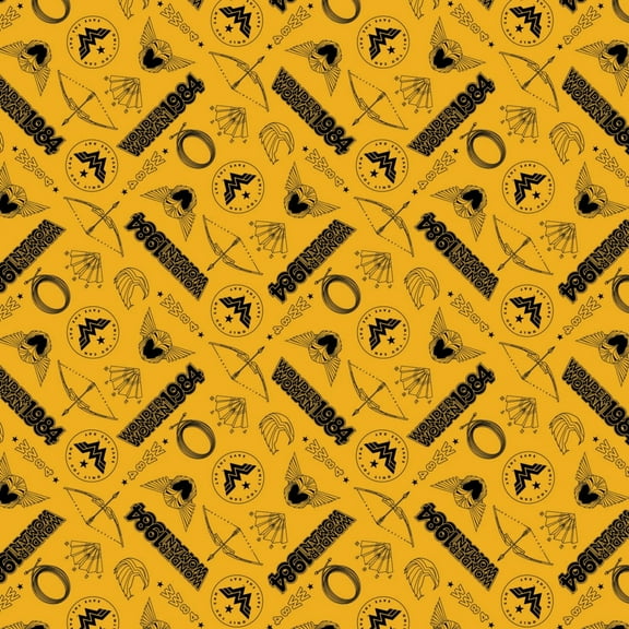 Wonder Woman 1984 Tossed Icons Yellow 100% Cotton Sold by The Yard