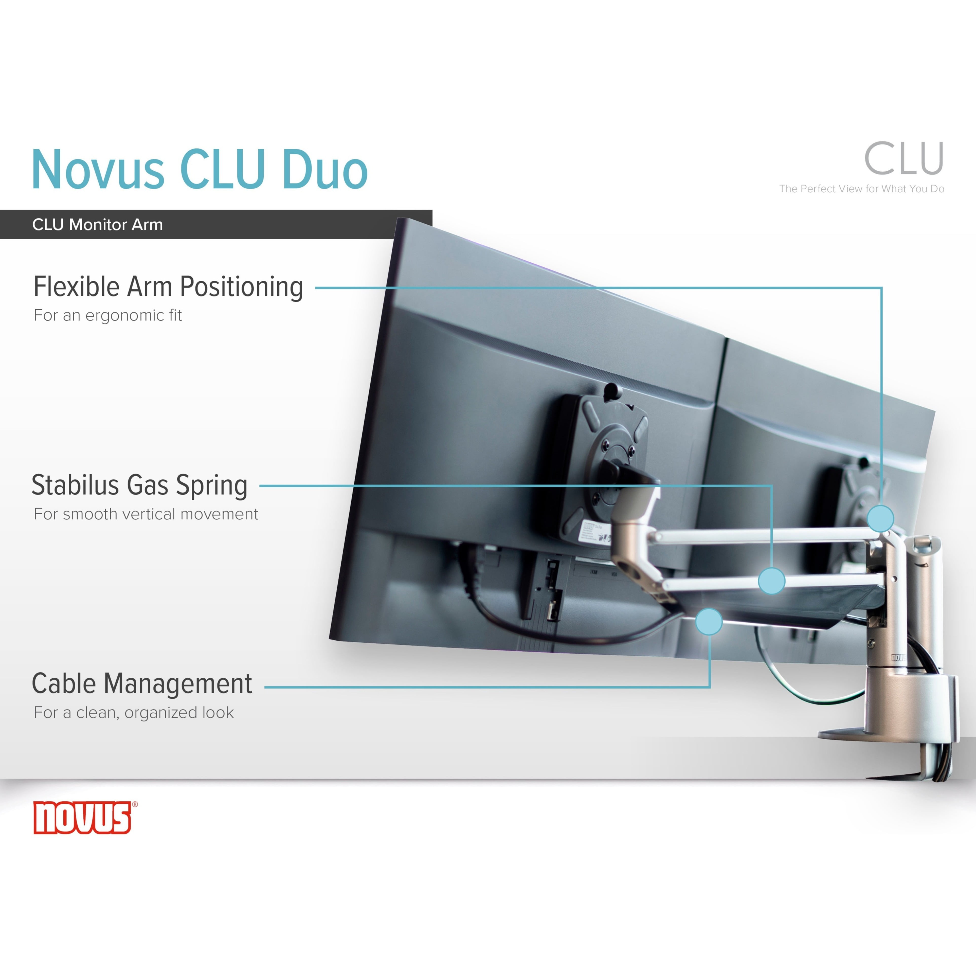 Novus CLU Duo Monitor Arm Set, Easy Alignment for Side-By-Side Viewing, 3-in-1 Mount, Fast Installation, Silver