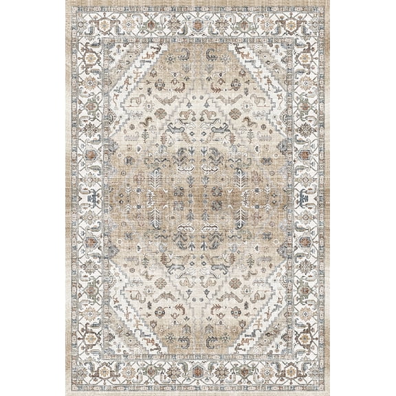 Yesurprise 9x12ft Persian Style Area Rugs - Light Brown Tone Pearl Velvet, 1150Gsm, 100% Polyester, 350Gsm Velvet Weight, Washed Back, Folding Simulation Printed Carpet Xm-Persia-Jian Ya Yi Xiao