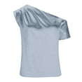 thumbnail image 4 of Wycnly Summer Tops for Women Shirts for Women One Shoulder Lightweight Silky Satin Ruched Tops 2024 Casual Solid Tee Tops Girls Slash Neck Short Sleeve Shirts, 4 of 7
