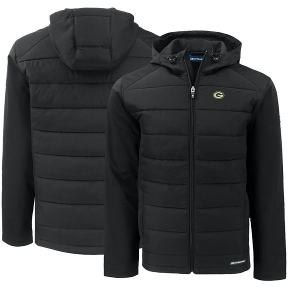 Men's Cutter & Buck Black Green Bay Packers Evoke PrimaLoft Hybrid Eco Softshell Recycled Full-Zip Hooded Jacket