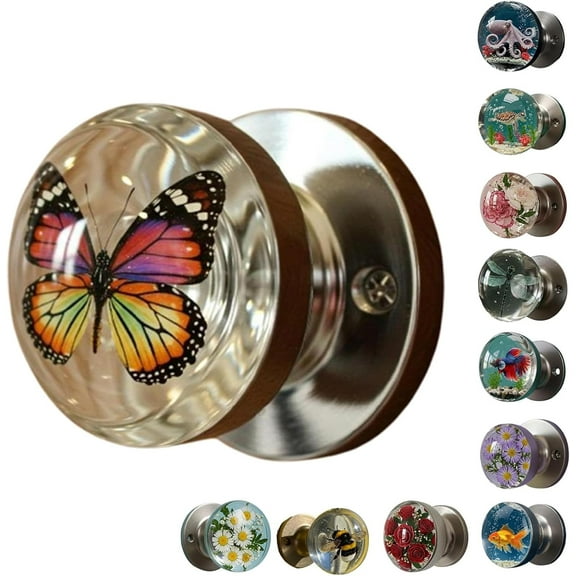 Unique Decorative Door Handle, Retro Round Resin Epoxy Flower Door Knob Retro, Floral & Animal Designs, Artistic Unique Knob for Modern/Classic Bedrooms, Nature-Themed Home Decor (Butterfly)