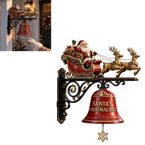 syligr Christmas Santa Sleigh Reindeer Doorbell Decoration for Front Door, Vintage Christmas Wall Decoration with Jingle Bell and Snowflake, Easy Mount Entryway Decor for Home, Holiday Party Decor