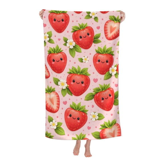Soft Kawaii Strawberry and Floral Print Beach Towel Cute Pink Throw for Summer Pool Bathroom Gifts