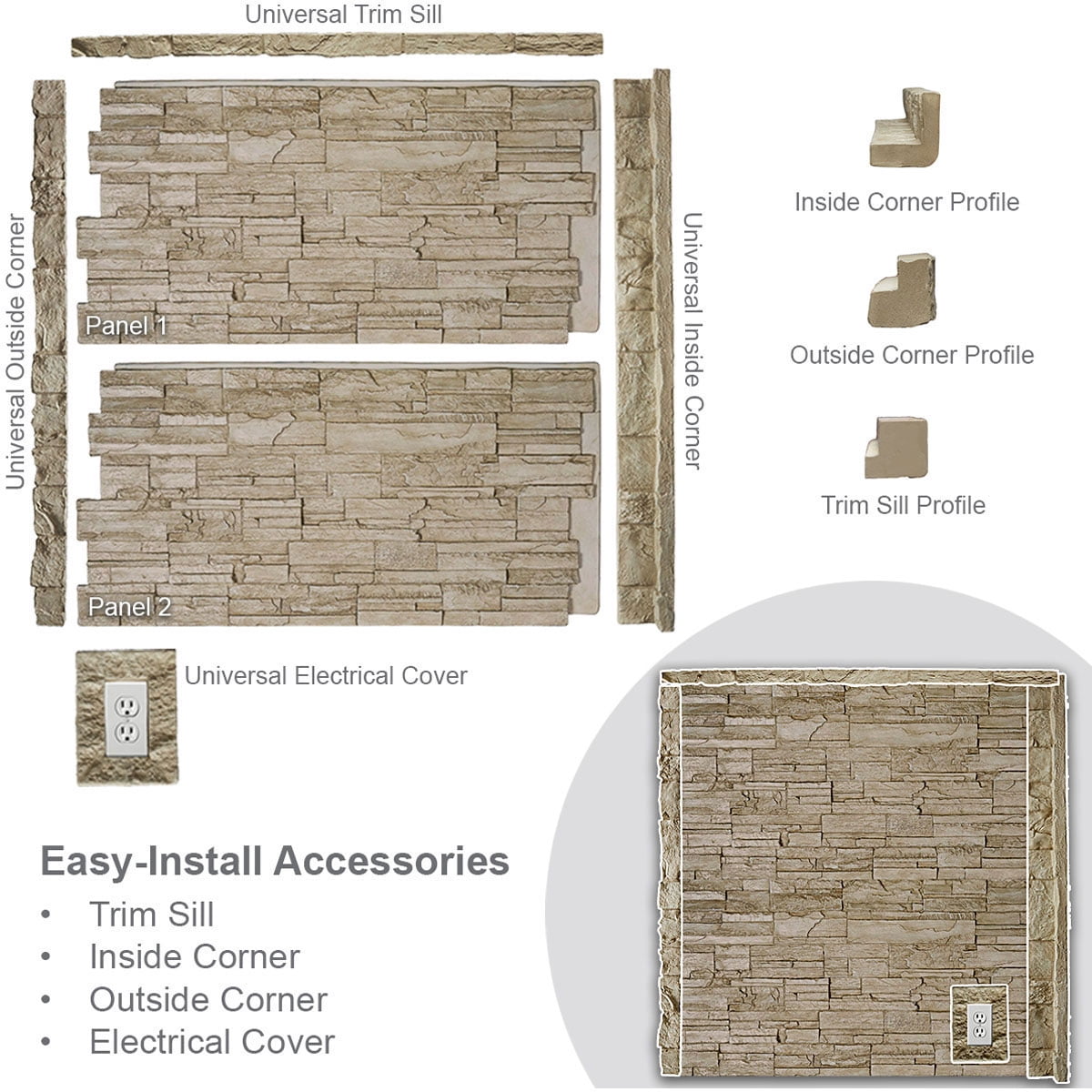 Ekena Millwork 48.625"W x 24.75"H x 1.25"D Cascade Stacked Stone, StoneWall Faux Stone Siding Panel, Canyon Brown