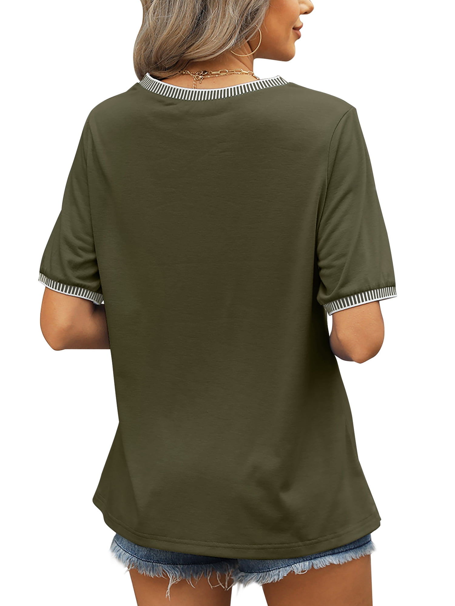 MOSHU Dressy Women Plus Size Tops Crewneck Blouses for Women Striped Colorblock Short Sleeve Shirts Casual Summer Tops