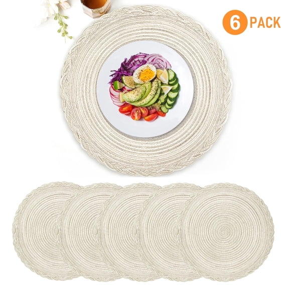 Sortora Round Placemats Set of 6, Off-White Woven Table Mats, 15 inch Heat Resistant Braided Border Washable Plate Mat for Kitchen Dining Table