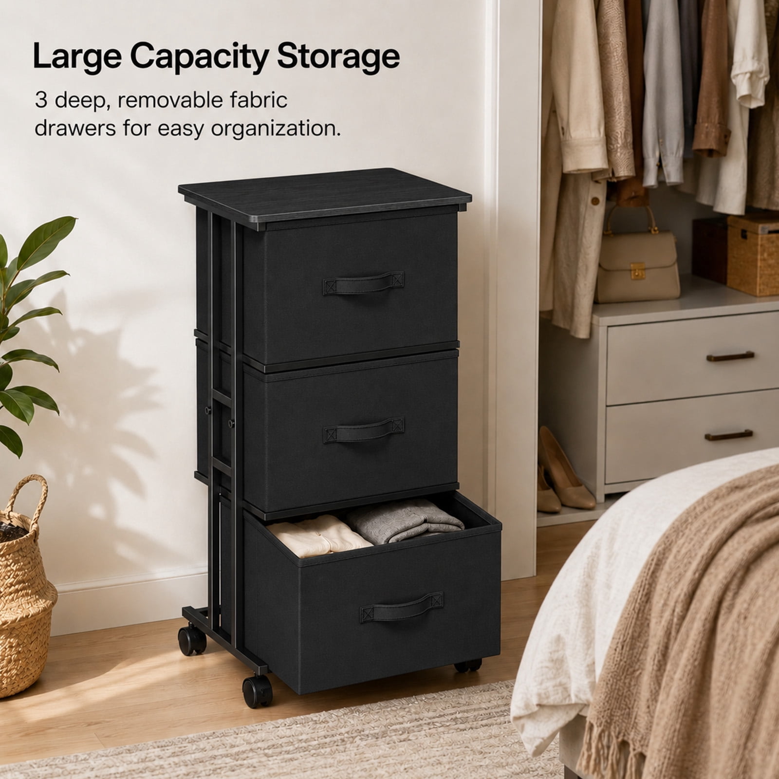 Alvantor Fabric Dresser 3 Drawer Storage Chest, Rolling Storage Tower, Vertical Storage Unit for Bedroom, Closet, Office