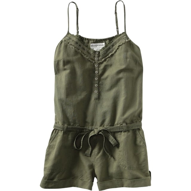 Aeropostale Womens Henley Solid Romper Mono, Verde, Grande