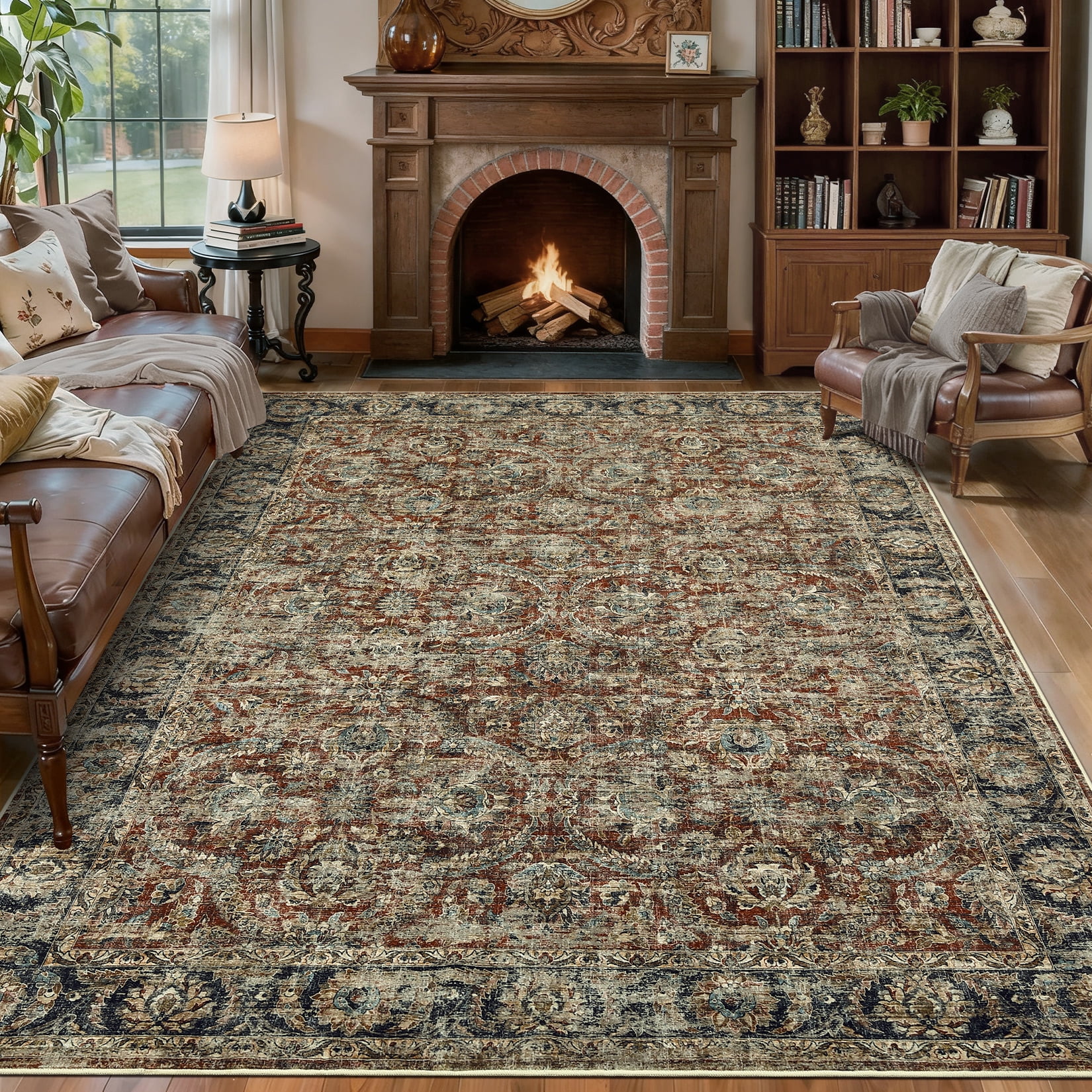HOMERRY Washable Area Rug 5' x 7' Throw Rug for Living Room Vintage Floral Indoor Floor Cover, Red