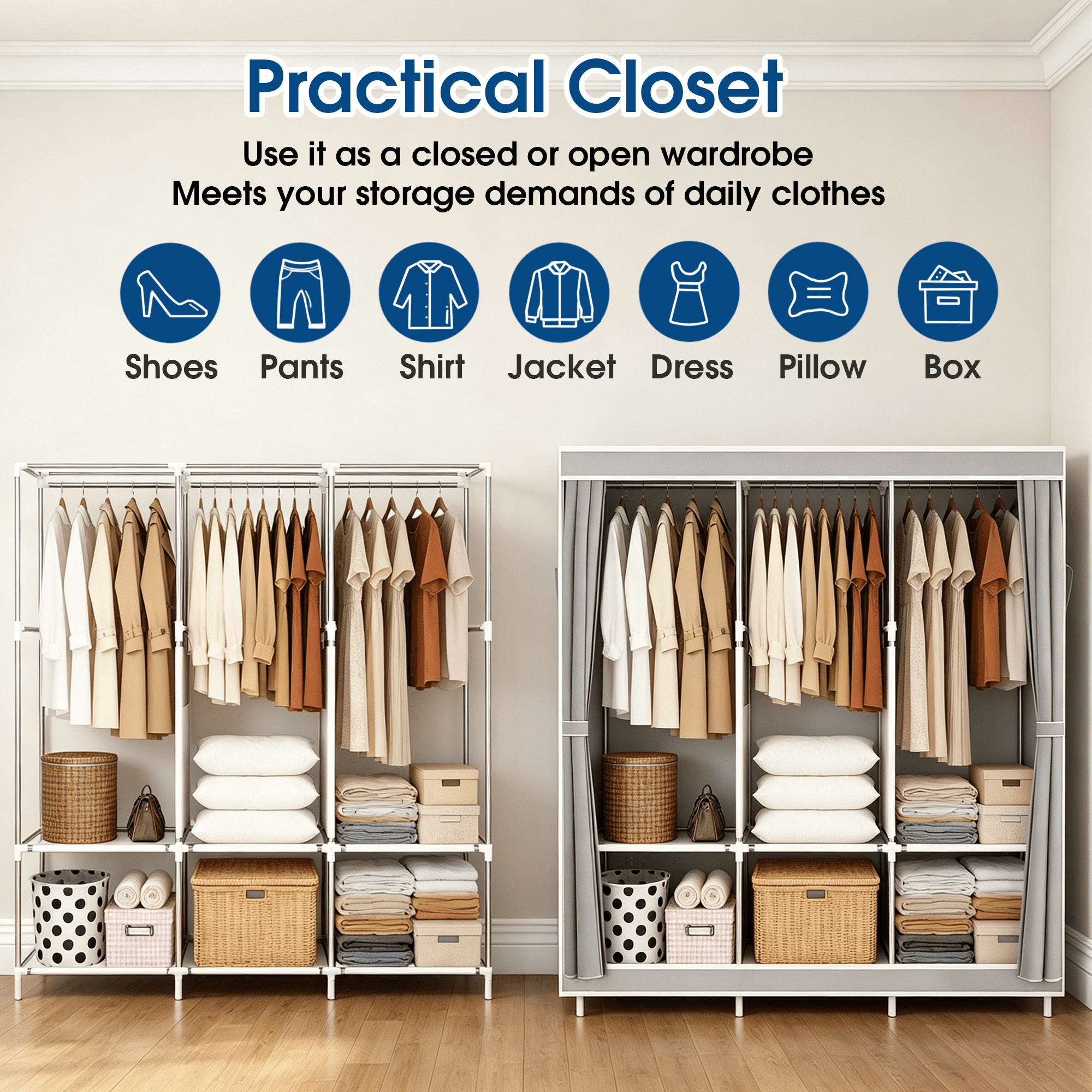 Portable Wardrobe, 50 Inch Freestanding Clothes Closet Organizer with 3 Hanging rods, 6 Storage Shelves and Side Pockets, Large Capacity Fabric Wardrobe for Bedroom