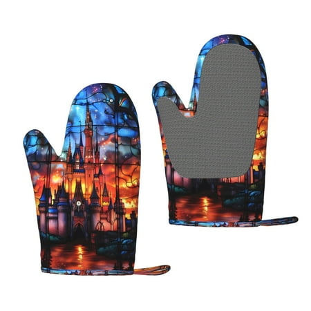 

Matuu Magical Stained Glass Castle for Silicone Oven Gloves Heat Resistant Grilling Gloves Non-Slip Silicone Oven Mitt Great for Grilling Kitchen and Cooking