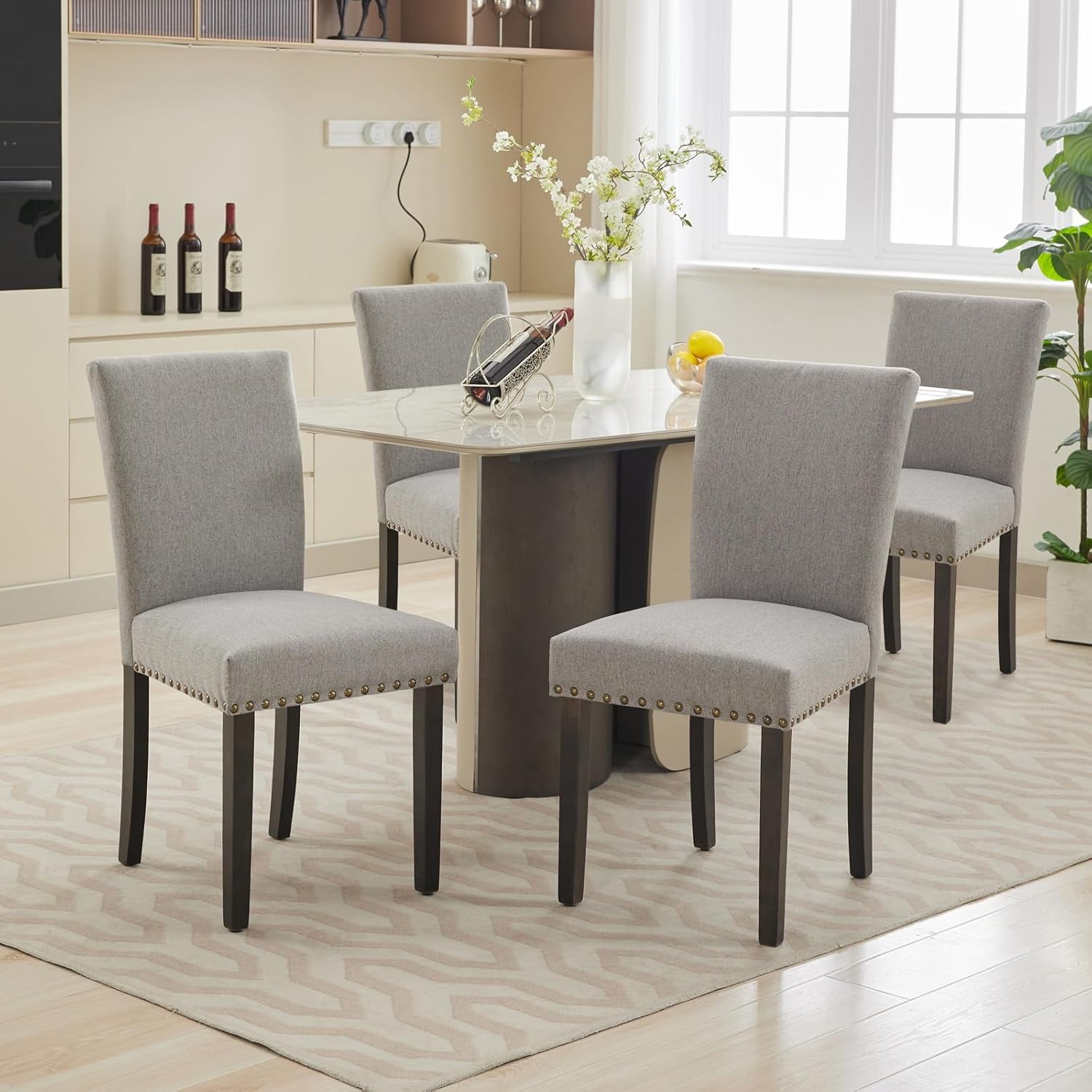 Dining Chair Sets of 2 Upholstered High Back Dining Chair Armless Kitchen Chair Sets Fabric Diner Room Chair with Nailhead Trim/Wood Legs and Padded Cushion Modern Banquet Chairs, Grey