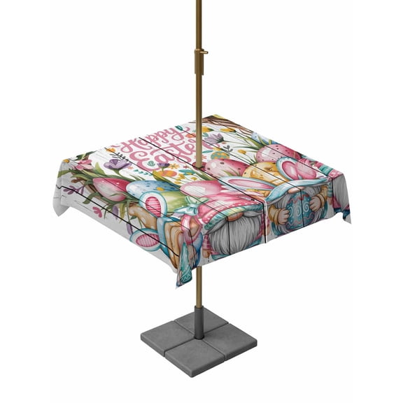 Easter Gnomes Outdoor Tablecloth - 60x60 Inch Square Dining Table Cover, Pink Blue Eggs Spring Flowers Branches Wooden Waterproof Outdoor Table Cloth with Umbrella Hole & Zipper for Picnic/Patio