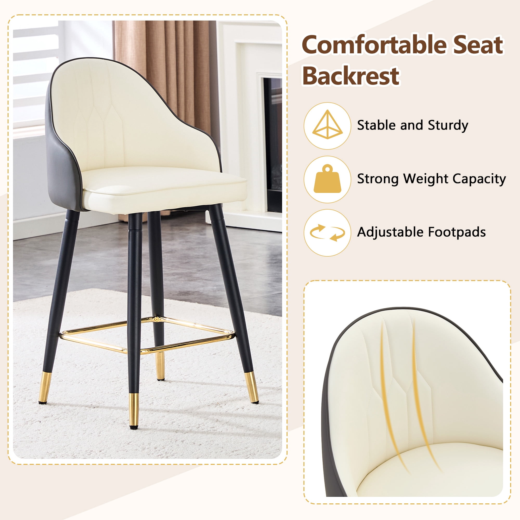 Mintazer Modern Bar Stools Set of 2, Waterproof PU Leather Bar Stool with Backrest & Gold Accent Footrest, Counter Height Bar Chairs for Kitchen Island, Black & White