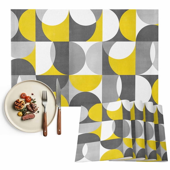 Placemats Set of 4, Mid Century Geometric Place Mats Abstract Modern Yellow Gray Tablemats Washable Placemat Table Decoration for Kitchen Table Dinner Party Home Decor Indoor Outdoor 13x19 Inch