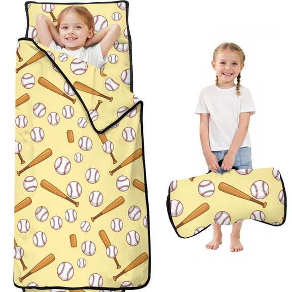Baseballs and Crossed Bats Pale Yellow Teens Toddler Nap Mat with Pillow, Sleeping Mat Bag for Preschool Daycare 59"x22"