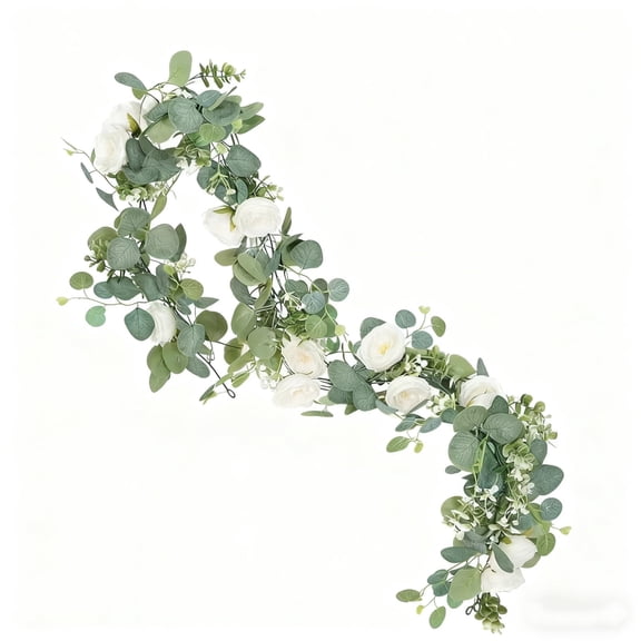 Taicans 6tf Realistic Eucalyptus Garland with White Roses - Fake Rose Flower Greenery Garland Floral Vines for Wedding Home Party Table Runner Decor,Lifelike Silk Flowers,Easy Hanging
