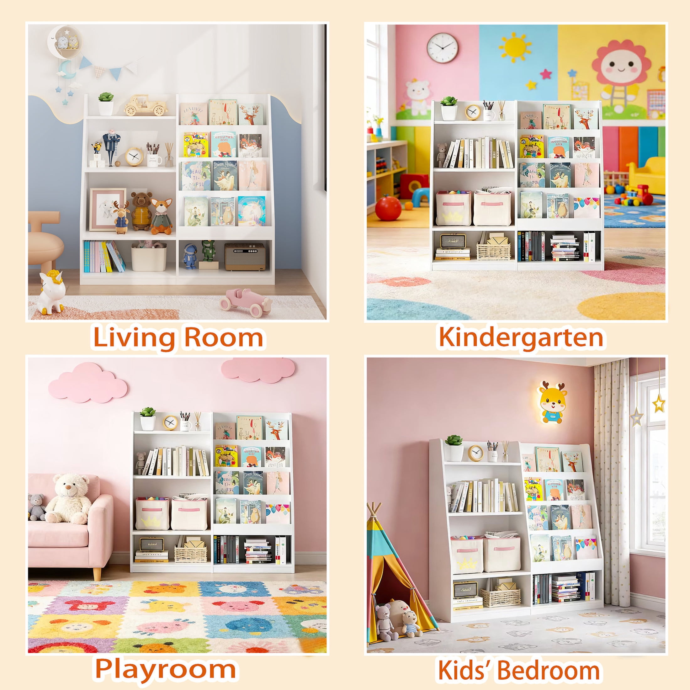 Noble House Kids Bookshelf, Toy Storage Organizer, 4-Tier Wooden Bookcase Display Stand, Kids Room, Playroom, White