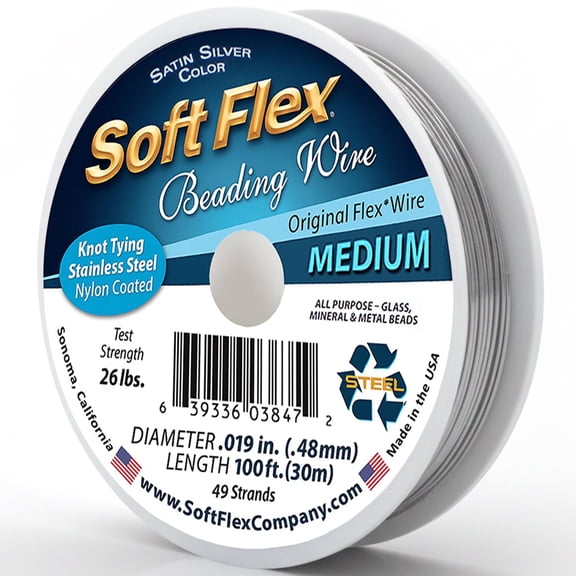 Soft Flex 49-Strand Medium Beading Wire, SFW, Satin Silver, 0.019" x 100ft