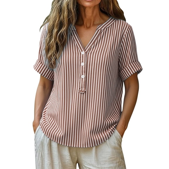 T Shirts For Women Brown Womens Tops Fashion Loose Stand Color Striped Collar Casual Shir Summer Tops