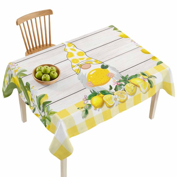 Rectangle Tablecloths, Summer Lemon Gnome Waterproof Table Cloths, Yellow Grid on Rustic Wood Plank Spillproof Decorative Dining Table Covers for Kitchen,Indoor Outdoor Parties, Camping 52x70in