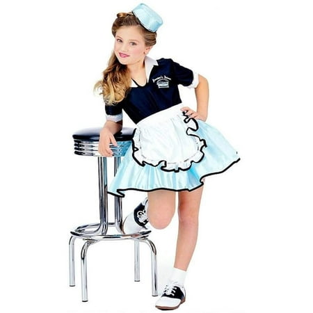 CAR HOP GIRL CHILD COSTUME SM, Car Hop Girl 50's costume includes a dress with apron, printed diner name on blouse and cap. By