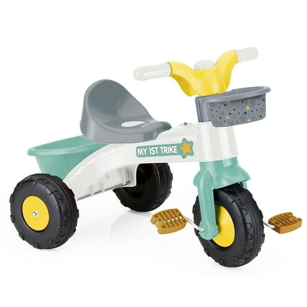 Dolu: My First Trike: White, Green, Yellow - Pedal Operated 3 Wheeled Bike, 2 Baskets, Indoor & Outdoor Tricycle, Ride-On Toy, Kids Toddlers Ages 2 