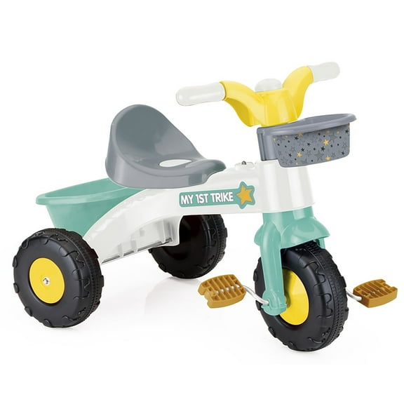 Dolu: My First Trike: White, Green, Yellow - Pedal Operated 3 Wheeled Bike, 2 Baskets, Indoor & Outdoor Tricycle, Ride-On Toy, Kids Toddlers Ages 2 