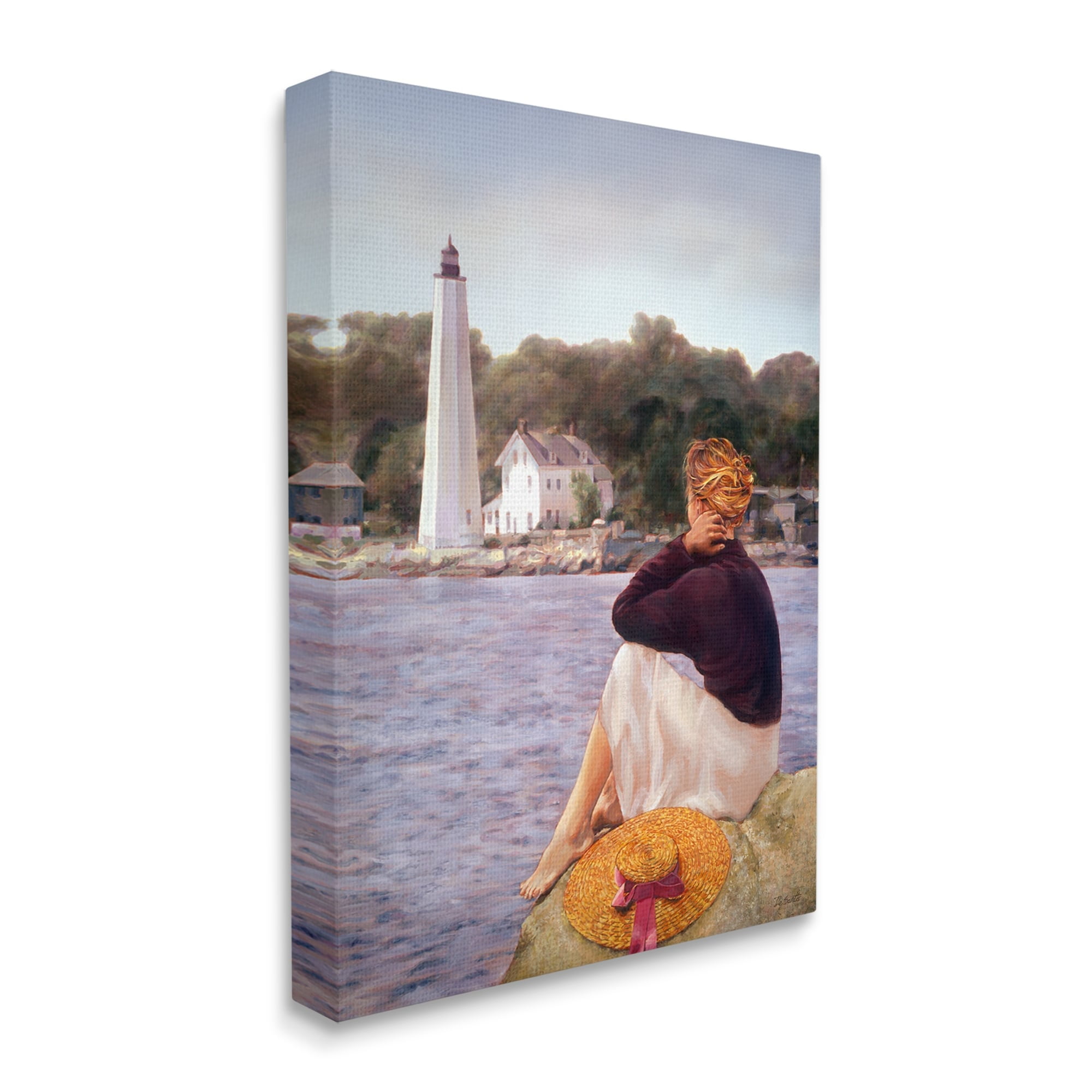 Stupell Industries Woman at Shoreline Coast Lighthouse Realistic Nautical Painting, 24 x 30, Design by Robert Desantis