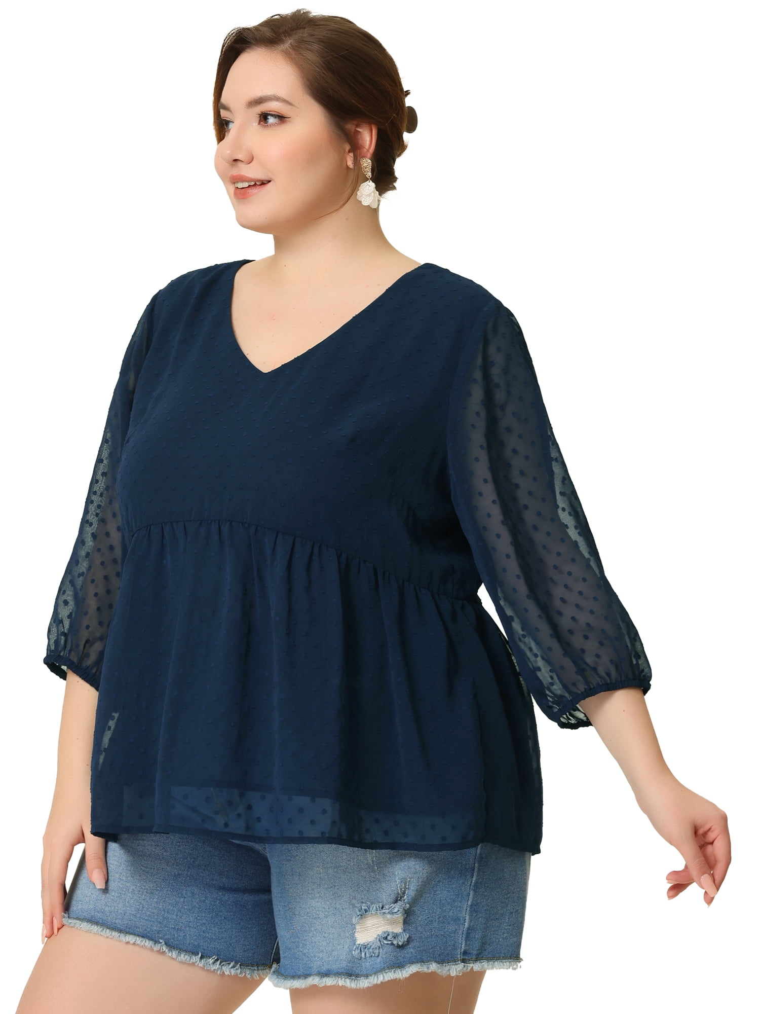 Unique Bargains Women's Plus Size Chiffon Tops Babydoll Swiss Dots Blouses